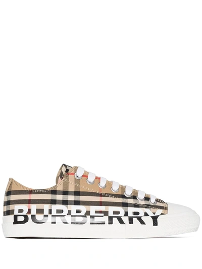 Burberry Logo-print Checked Cotton-canvas Trainers In Beige,white,black