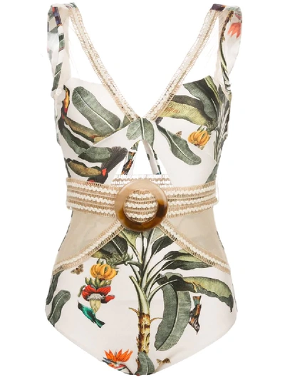 Patbo Tropical-print Crochet-trimmed Swimsuit In White