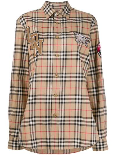 Burberry Embroidered Logo Patch Check Shirt In Brown