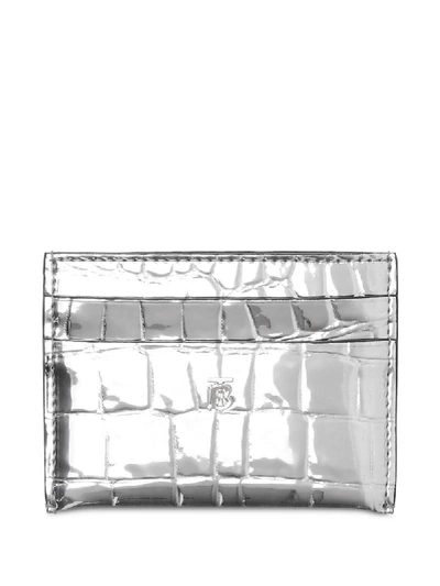 Burberry Sandon Metallic Croc Embossed Faux Leather Card Holder In Silver