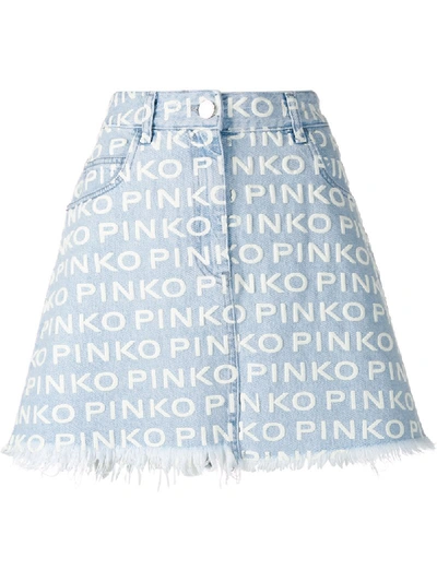 Pinko Frayed Edge Logo Denim Skirt In Blue