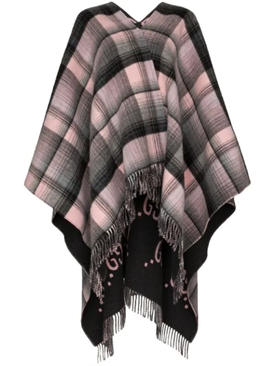 Gucci Grey And Pink Gg Logo Check Wool Poncho