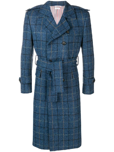 Thom Browne Windowpane Harris Tweed Trench Coat In Blue