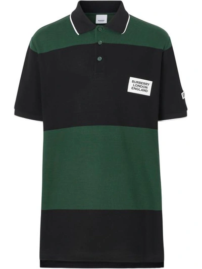Burberry Mens Logo Applique Striped Cotton Colorblock Polo Shirt, Size X-small In Dark Pine Green