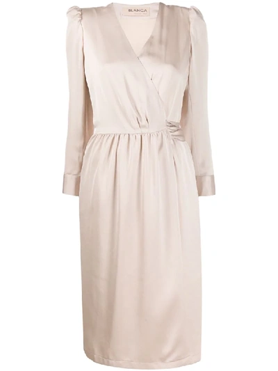 Blanca Long-sleeved Satin Wrap Dress In Neutrals