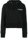 Balmain Cropped Flocked Organic Cotton-jersey Hoodie In Black