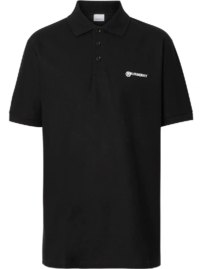 Burberry Location Print Cotton Piqué Oversized Polo Shirt In Black