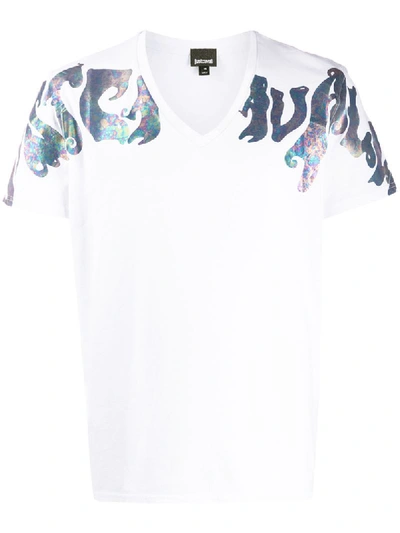 Just Cavalli V-neck Iridescent Logo T-shirt In White