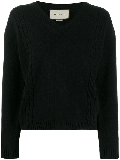 Gucci Ribbed V-neck Jumper In Black