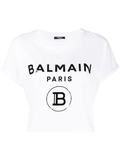 Balmain Logo Print Cropped Cotton T-shirt In  Gab White