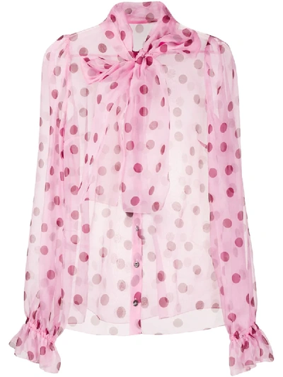 Dolce & Gabbana Polka Dot Silk Organza Tieneck Blouse In Pink