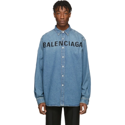Balenciaga Logo-embroidered Cotton-denim Shirt In Blue