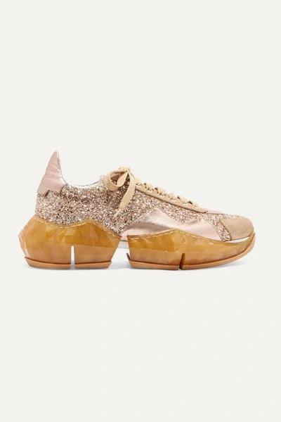 Jimmy Choo Diamond Glittered Canvas And Metallic Textured-leather Sneakers In Gold