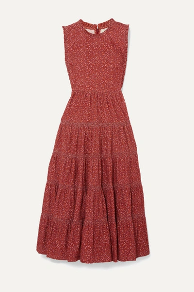 Doen Raven Tiered Floral-print Cotton-corduroy Midi Dress In Burgundy