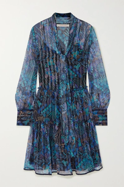 See By Chloé Pussy-bow Metallic Floral-print Silk-blend Georgette Dress In Blue