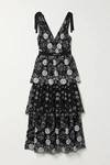 Self-portrait Tiered Crochet And Grosgrain-trimmed Sequined Tulle Midi Dress In Black