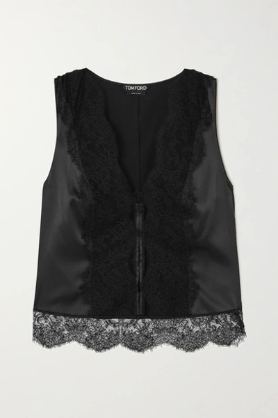 Tom Ford Lace-paneled Silk-blend Charmeuse Top In Black