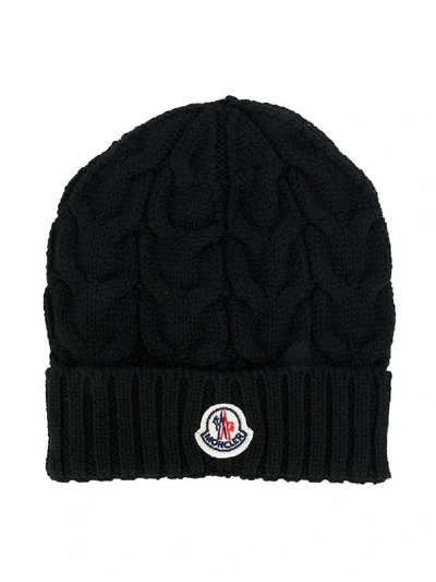 Moncler Kids' Cable-knit Logo Beanie In Black