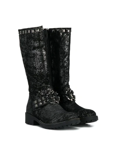 Roberto Cavalli Junior Kids' Metallic Studded Knee High Boots In Black