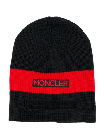 Moncler Kids' Logo Colour-block Beanie Hat In Black