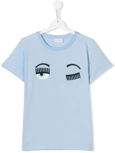 Chiara Ferragni Teen Wink Embroidered T-shirt In Cielo