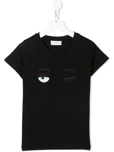 Chiara Ferragni Teen Wink Embroidered T-shirt In Black