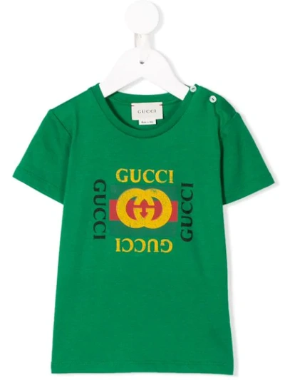 Gucci Babies' Logo印花全棉t恤 In Green