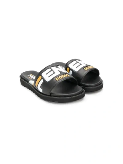 Fendi Kids' Mania Faux Leather Slide Sandals In Black
