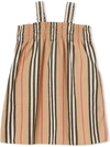 BURBERRY SMOCKED ICON STRIPE COTTON DRESS