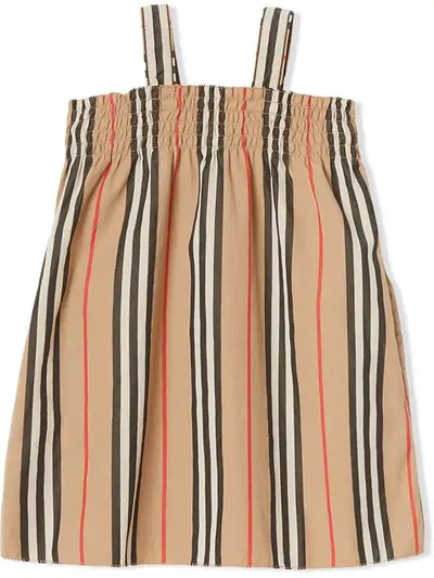 Burberry Babies' Smocked Icon Stripe Cotton Dress In Neutrals