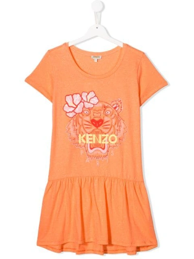 Kenzo Kids' Short-sleeve Logo Flared Dress In Orange