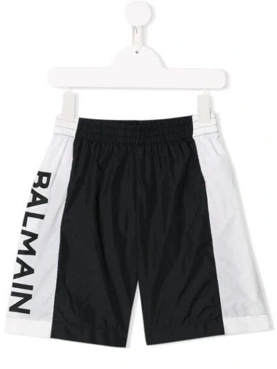 Balmain Kids' Two-tone Logo-sides Swim Shorts In Black/white