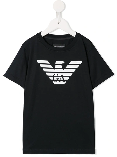 Emporio Armani Kids' Black Cotton T-shirt With Logo Print In Blue