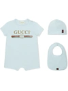 GUCCI BABY LOGO连体衣、围兜、套头帽三件礼品组