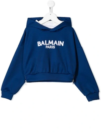 Balmain Kids' Logo连帽套头衫 In Blue