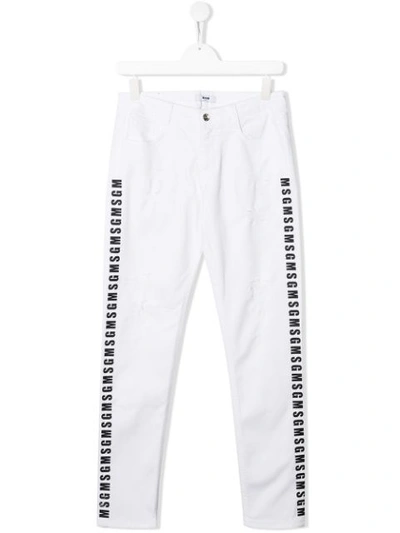 Msgm Kids' Logo Print Distressed Jeans In White