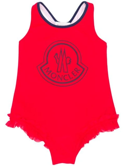 Moncler Kids' Logo Print Lycra One Piece Swimsuit In Red
