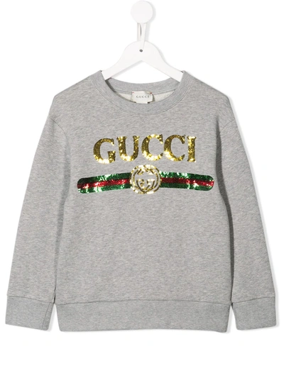 Gucci Kids' Melanged Grey Sweatshirt With Sequined Logo For Girl