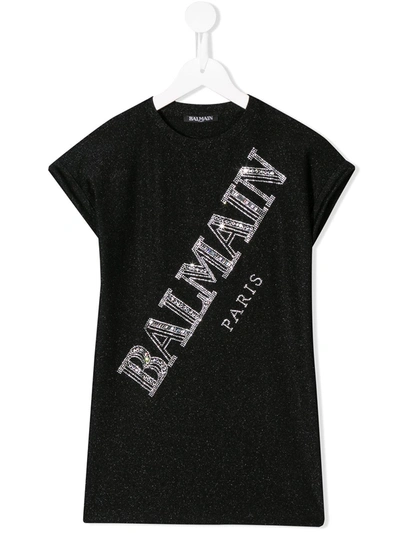 Balmain Kids' Metallic-embroidered Logo Dress In Black