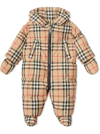 Burberry Babies' Vintage Check Down-filled Puffer Suit In Beige