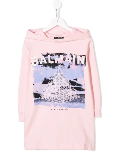 Balmain Kids' 图案印花连帽连衣裙 In Rosa