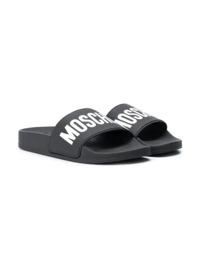 Moschino Teen Logo-print Sliders In Black