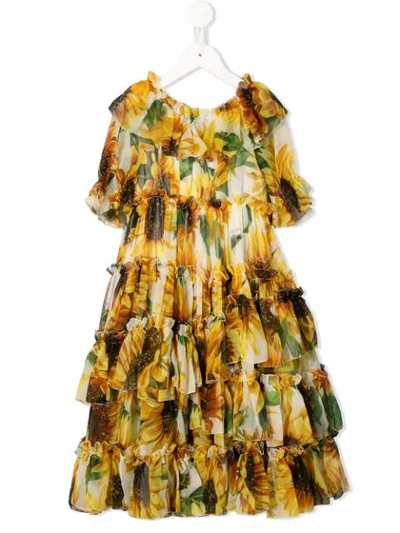 Dolce & Gabbana Kids' Sunflower-print Ruffled Long Dress In Yellow