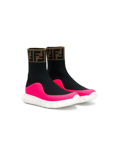 Fendi Kids' Logo提花针织袜式运动鞋 In Rosa
