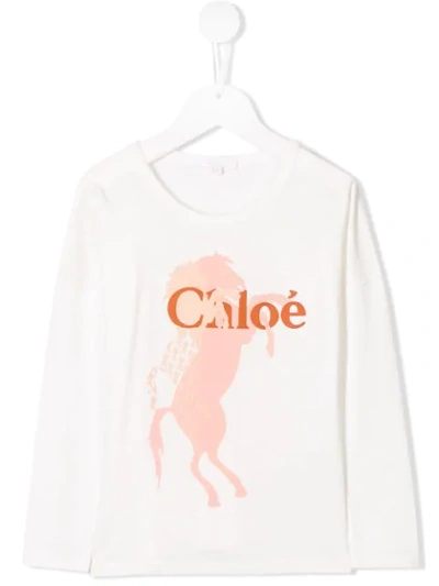 Chloé Girls' Long Sleeve Horse Logo Tee - Little Kid, Big Kid In White