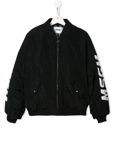 Msgm Kids' Logo Print Bomber Jacket In Black