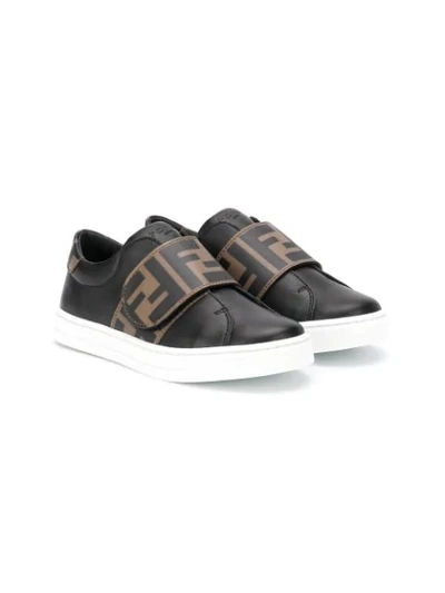 Fendi Teen Ff Logo Strap Sneakers In Black