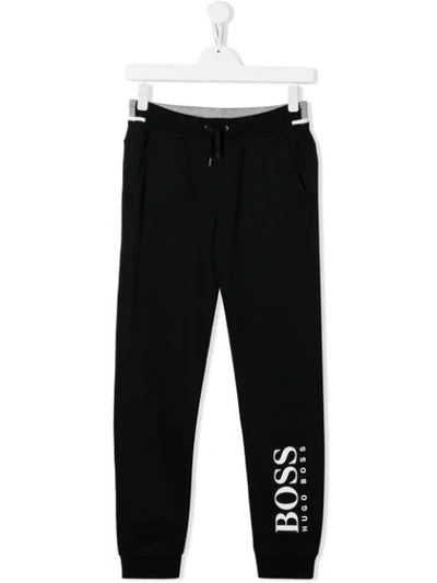 Hugo Boss Kids' Logo Print Cotton Sweatpants W/ Bands In Black