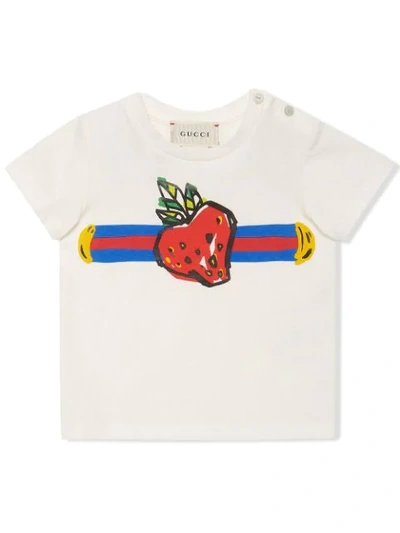 Gucci Babies' Logo织带草莓印花t恤 In Bianco/multicolor