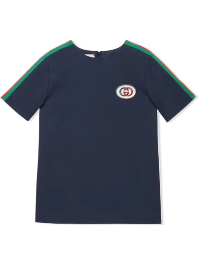 Gucci Kids' Short-sleeve Jersey T-shirt W/ Web Trim Sleeves In Blue